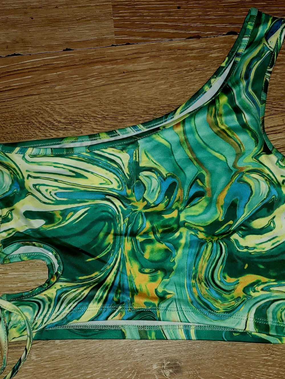 One-Shoulder Green & Yellow Marble Print Crop Top & Ruched Skirt Set